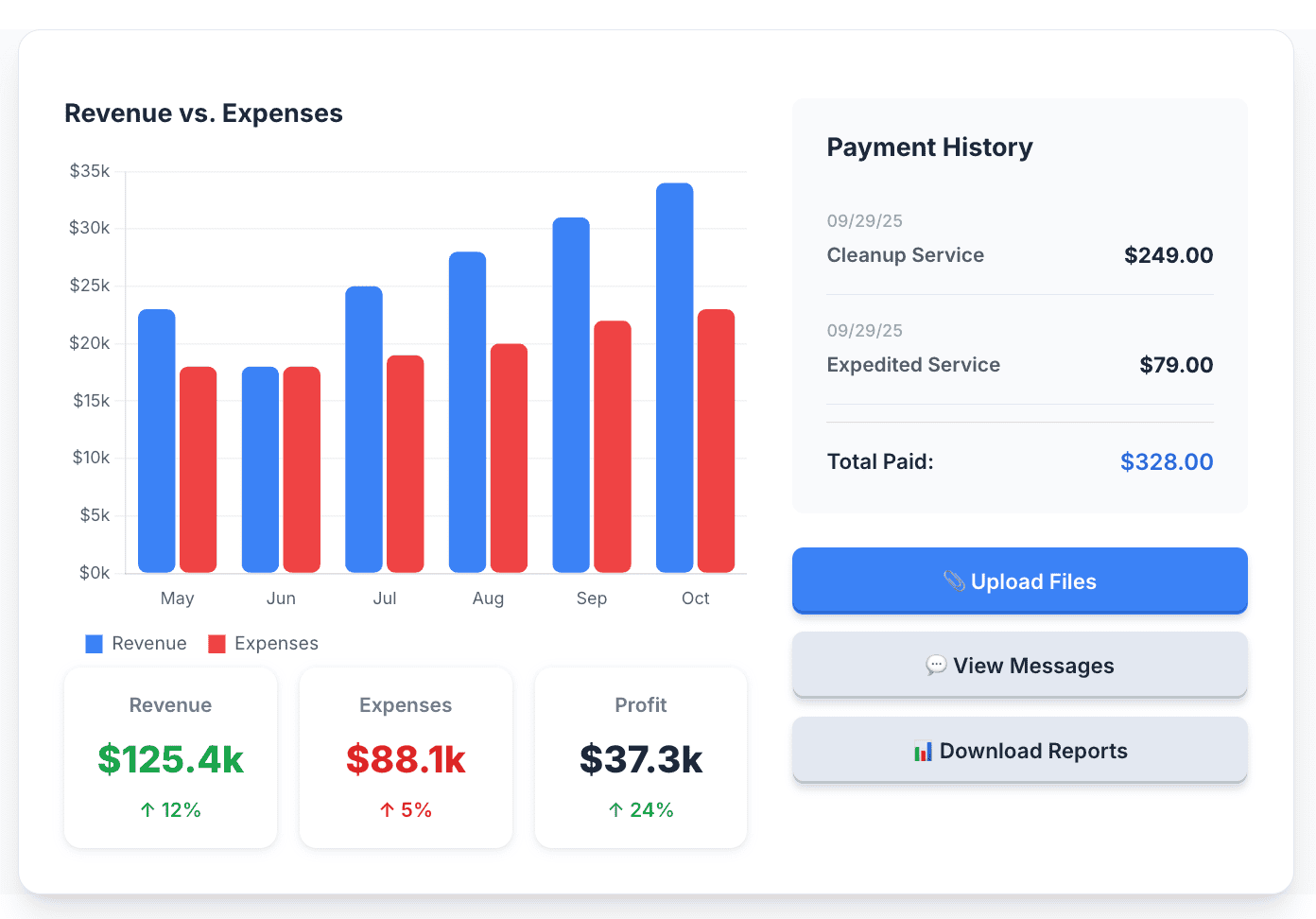 A clean and modern financial dashboard from The Trusty Books client portal, showing clear charts of revenue vs. expenses and key business metrics.