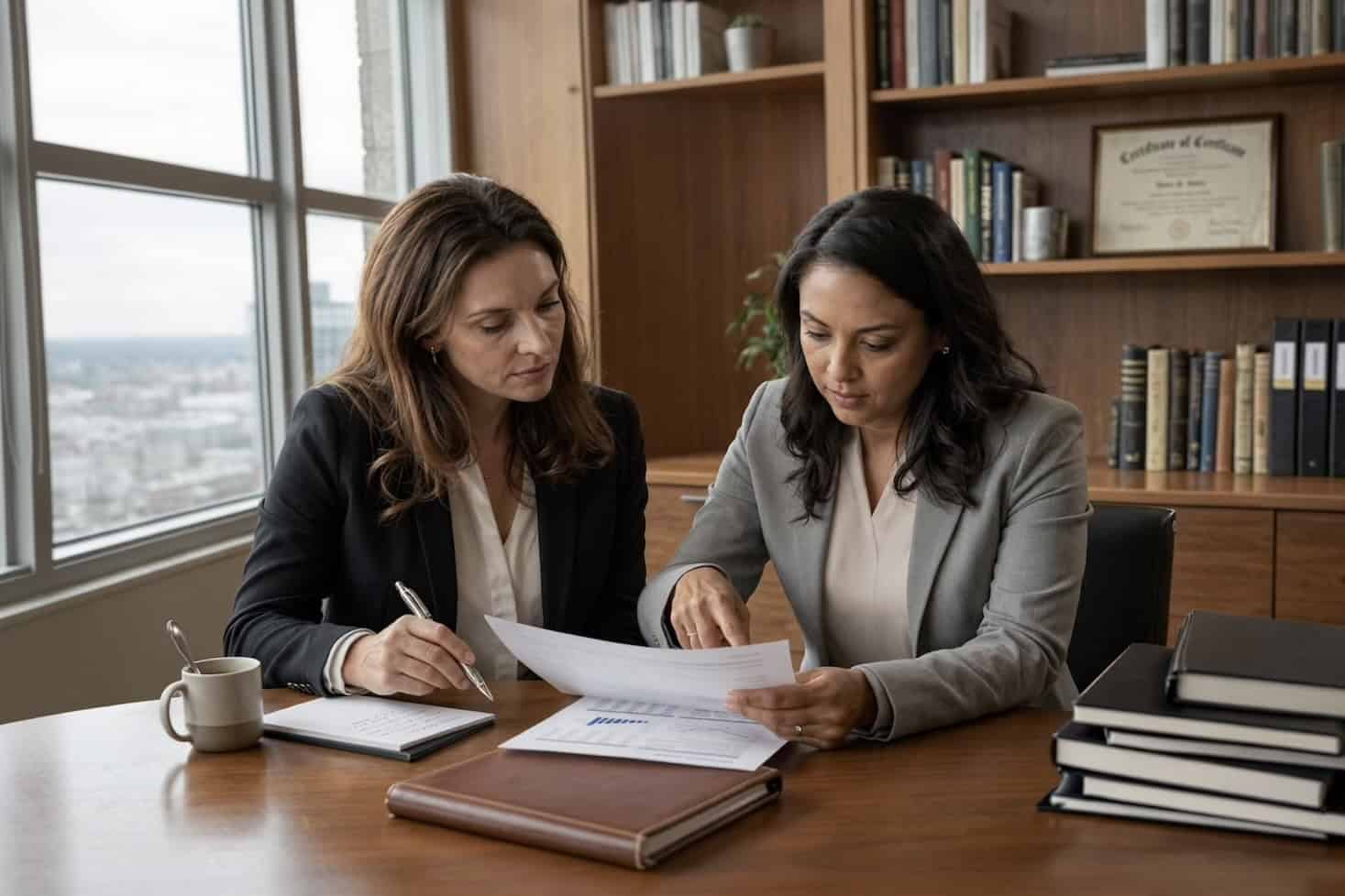 Two colleagues reviewing financial records together at a law office desk