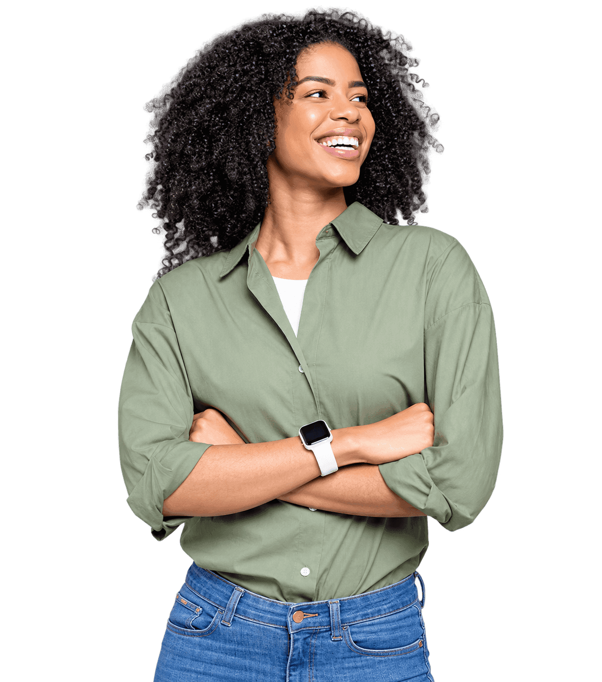 Small-business owner in a green shirt with arms crossed, looking ahead