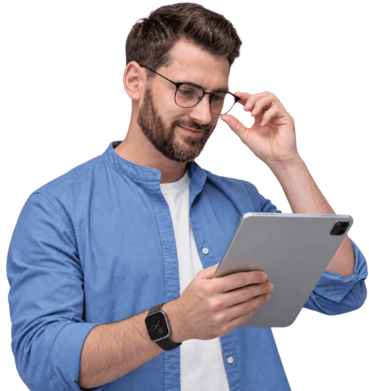 Small-business owner reviewing bookkeeping records on a tablet