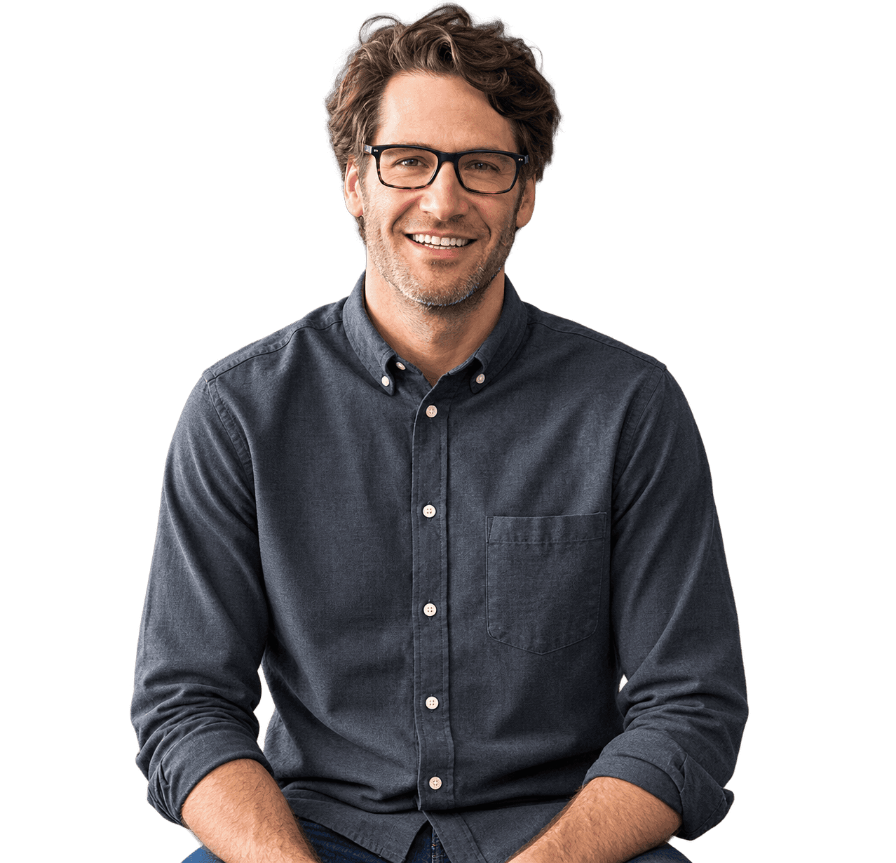 Seated small-business owner with glasses, looking at the camera