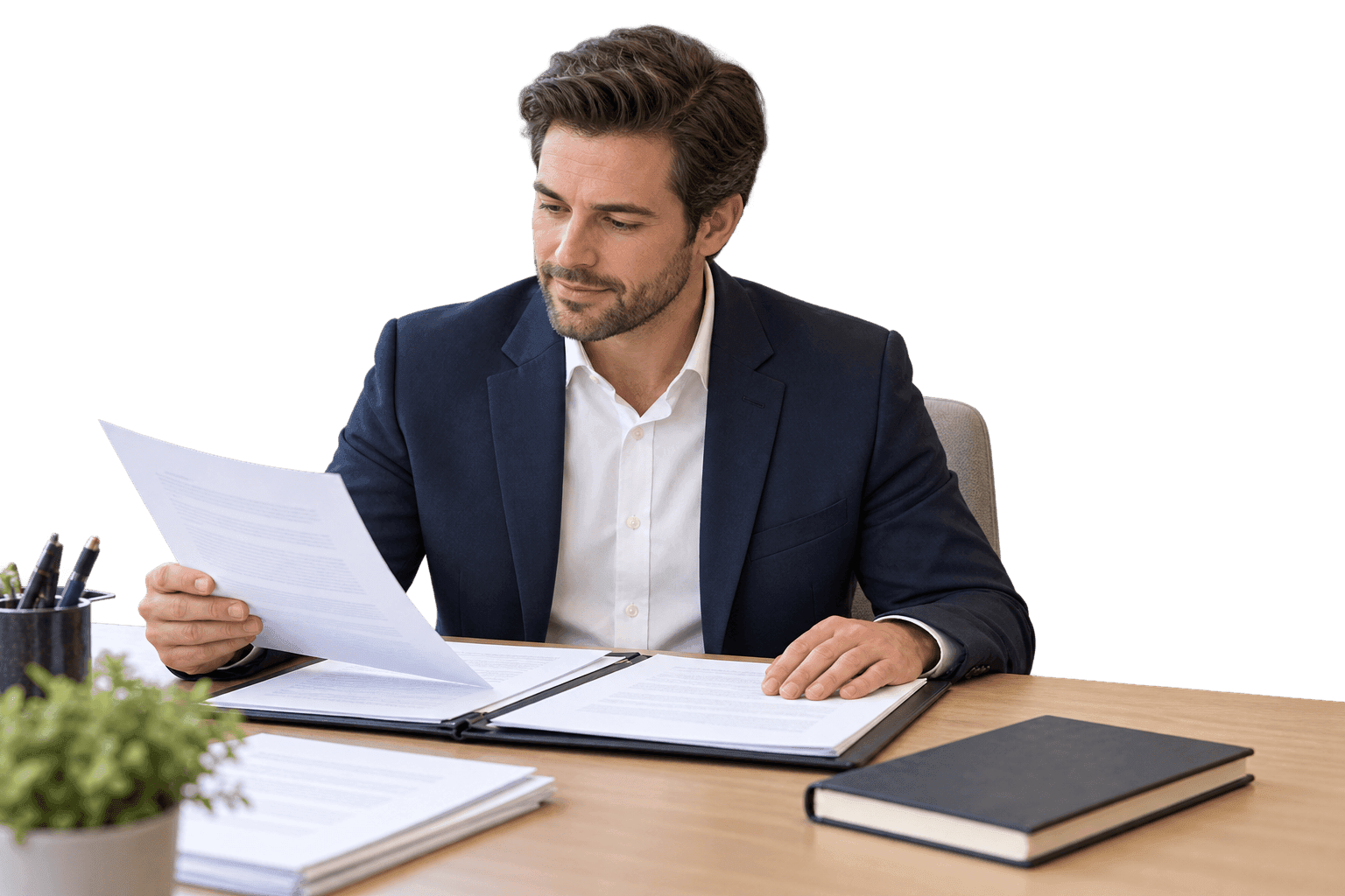 Man in a navy blazer reviewing documents at his desk